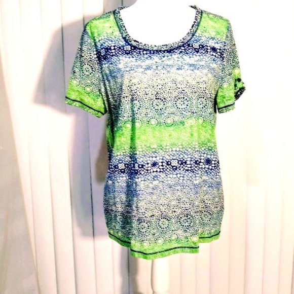 GLORIA VANDERBILT*SHORT SLEEVE TOP*BLUES & GREENS*WOMEN SIZE L*NWOT. - Picture 1 of 6